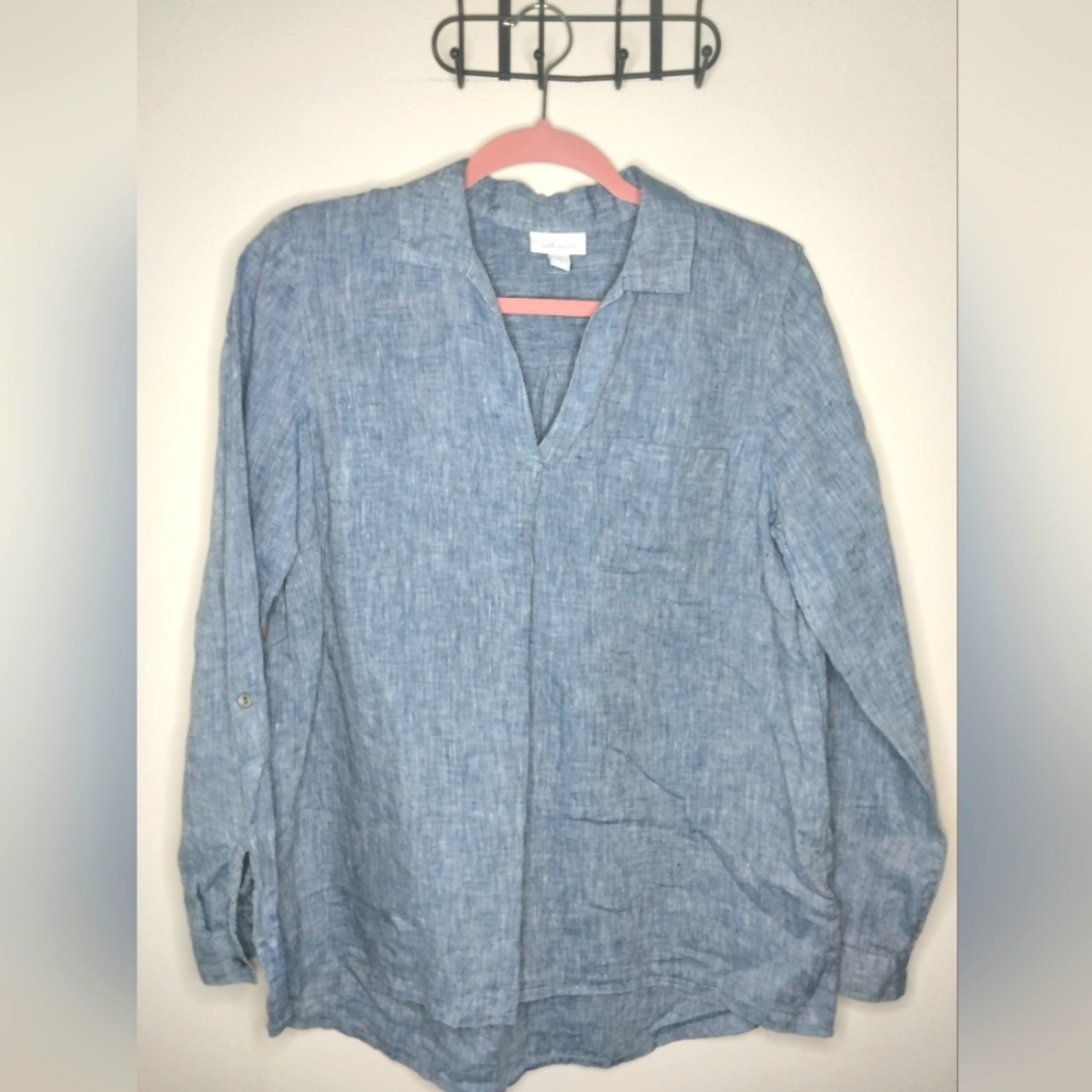 J. Jill Love Linen (Sz S) Blue Linen Chest Pocket Roll Tab Sleeves Popover Shirt